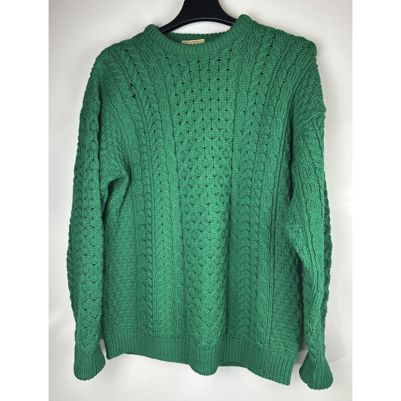 *Flawed Carraig Donn Pure New Wool Cable Knit Fisherman Sweater Green Mens Large - Picture 11 of 11
